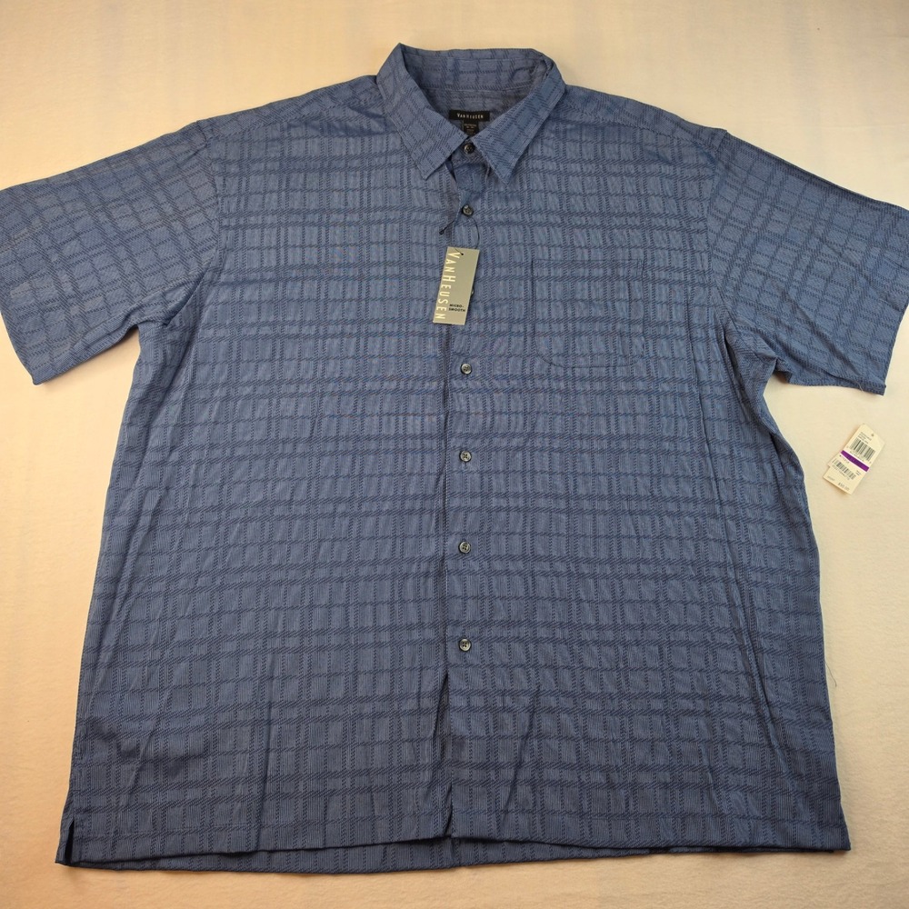 Van Heusen Button Down Men XXL Blue Short Sleeve Micro-Smooth Grid Shirt NWT